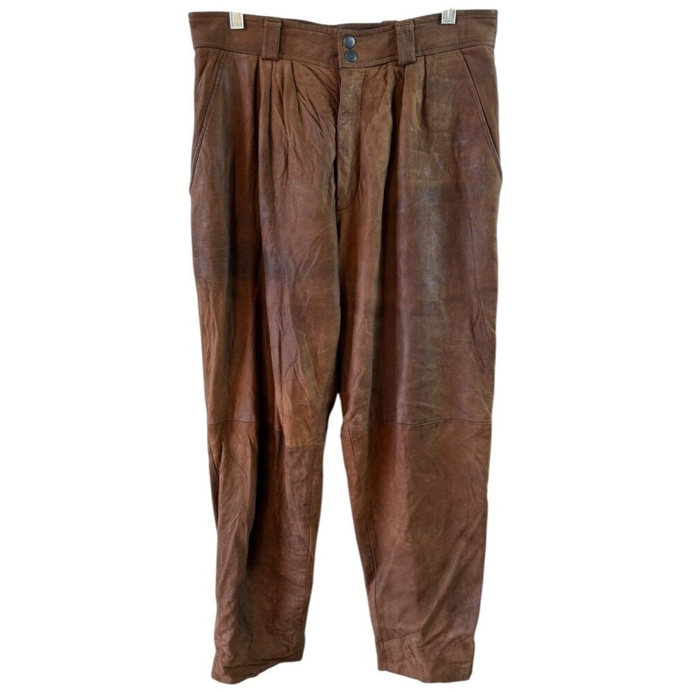 Michael Hoban North Beach Leather Brown Pleated Leather Pants High Rise Tapered